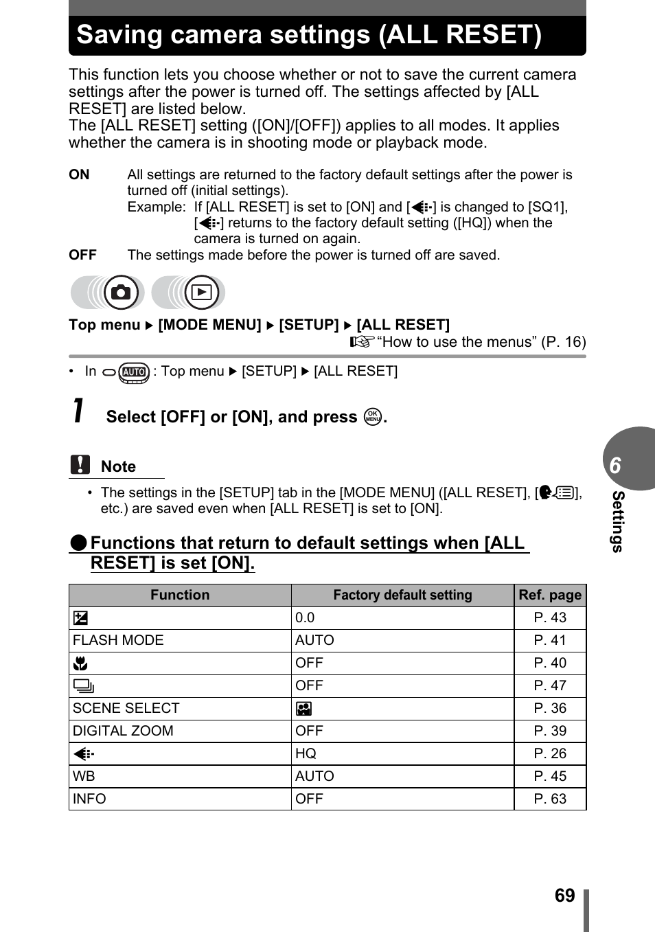 Saving camera settings (all reset) | Olympus CAMEDIA C480 User Manual | Page 69 / 138