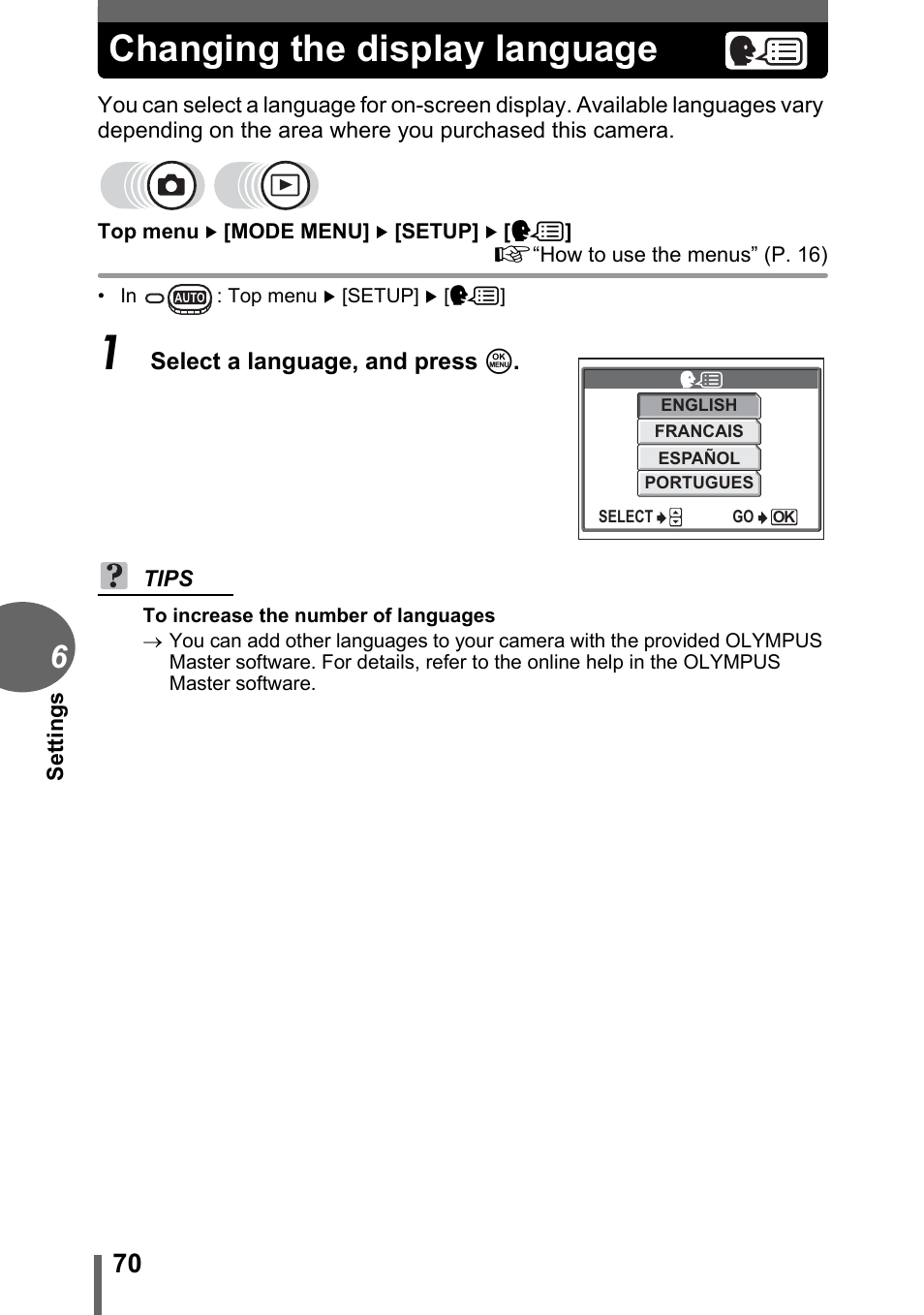 Changing the display language, G“changing the display, Language” (p. 70) | Olympus CAMEDIA C480 User Manual | Page 70 / 138