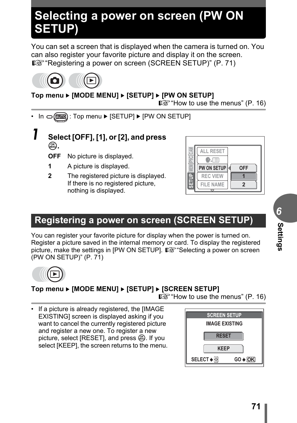 Selecting a power on screen (pw on setup), Registering a power on screen (screen setup) | Olympus CAMEDIA C480 User Manual | Page 71 / 138