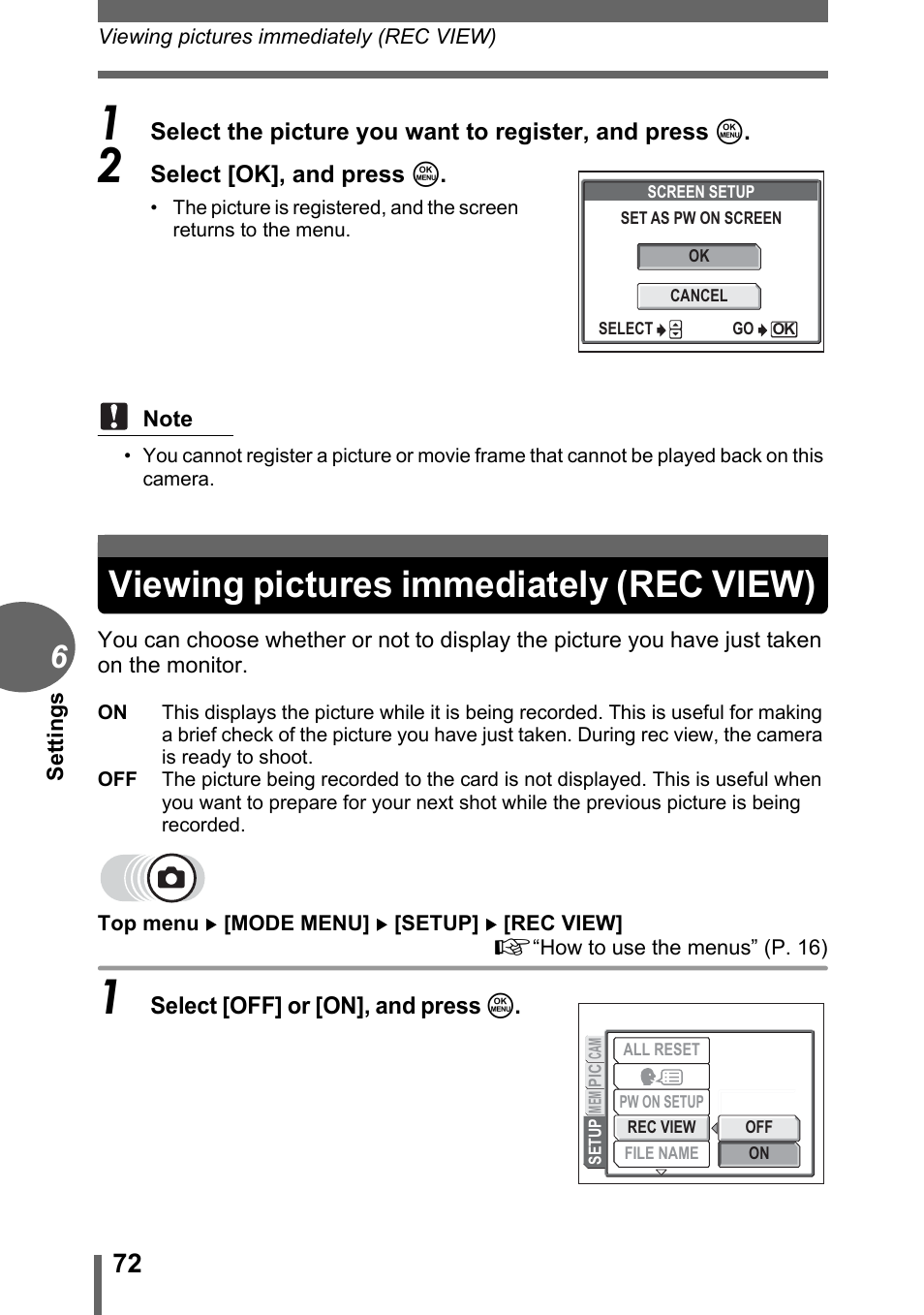 Viewing pictures immediately (rec view) | Olympus CAMEDIA C480 User Manual | Page 72 / 138