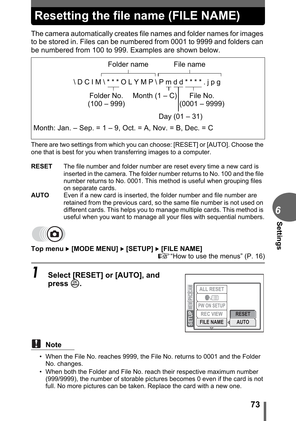 Resetting the file name (file name) | Olympus CAMEDIA C480 User Manual | Page 73 / 138