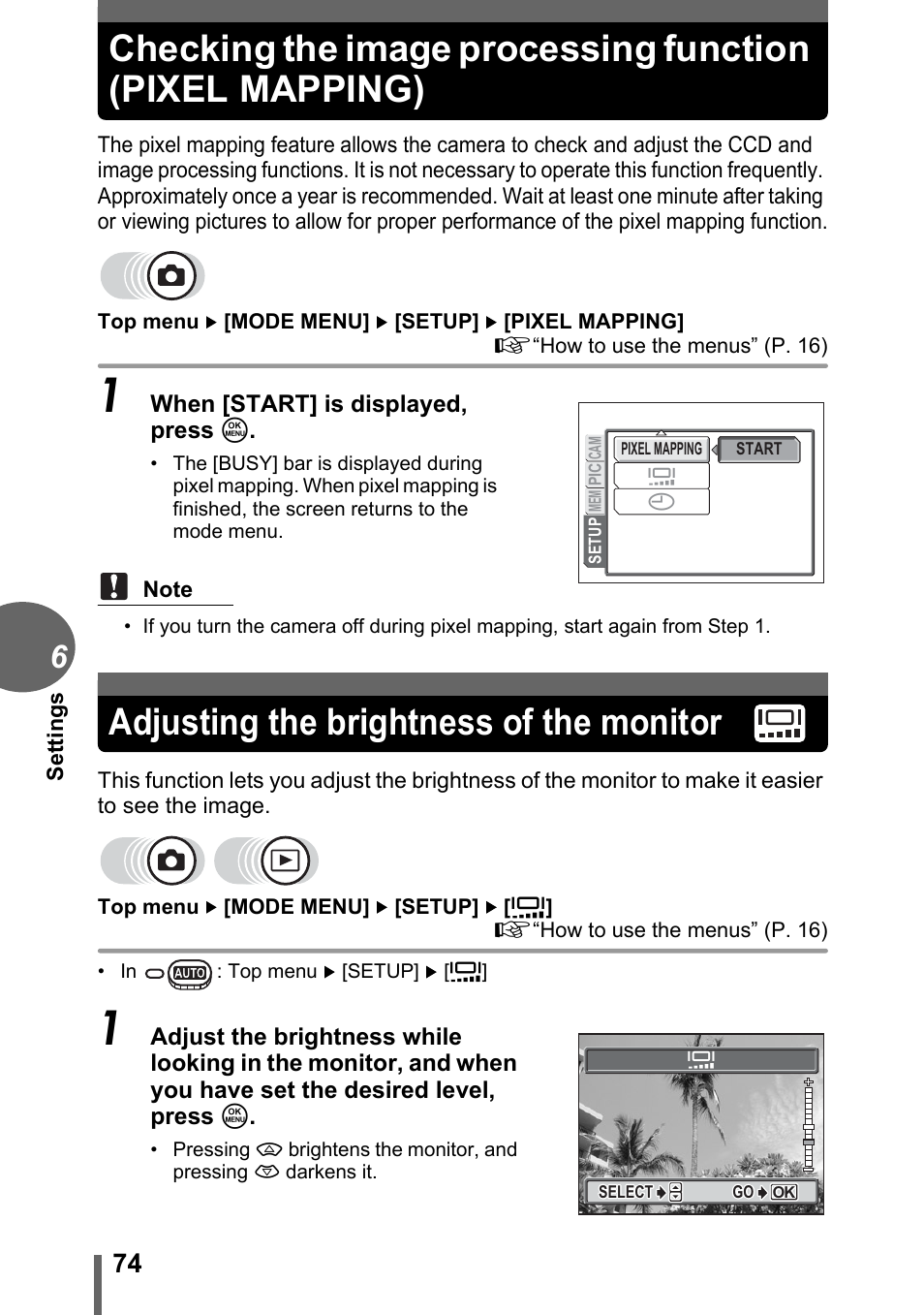 Adjusting the brightness of the monitor | Olympus CAMEDIA C480 User Manual | Page 74 / 138