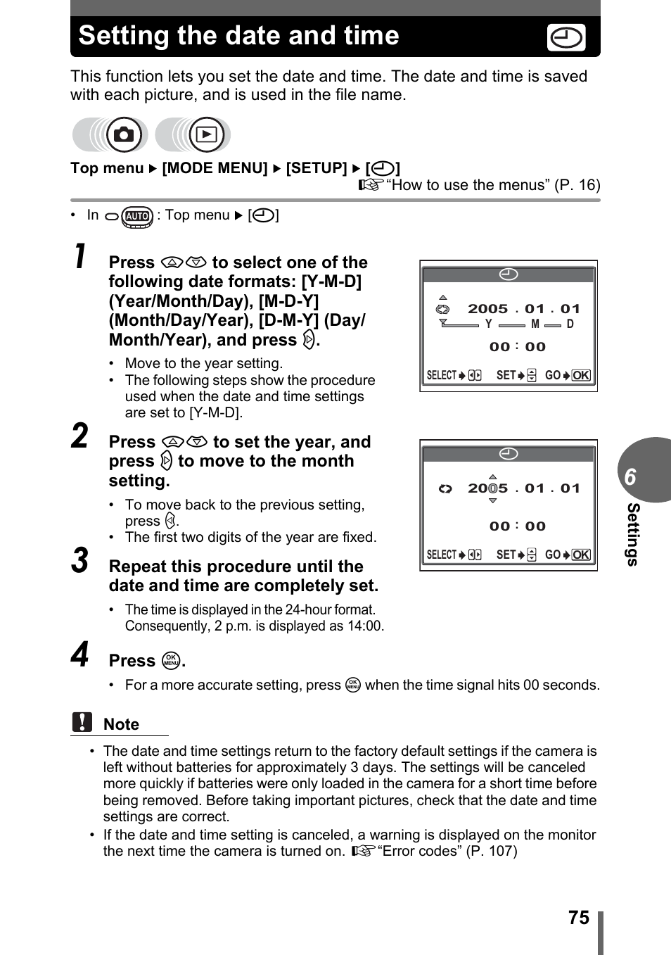 Setting the date and time | Olympus CAMEDIA C480 User Manual | Page 75 / 138