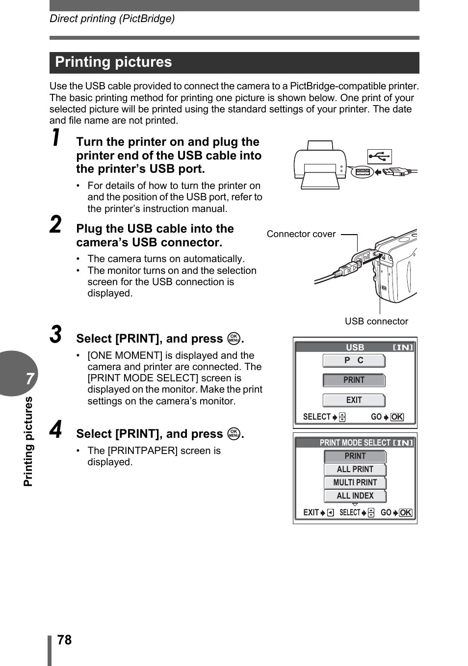 Printing pictures | Olympus CAMEDIA C480 User Manual | Page 78 / 138