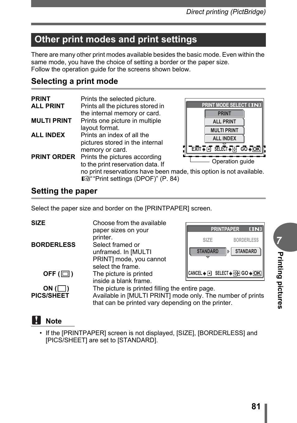 Other print modes and print settings, Selecting a print mode, Setting the paper | Olympus CAMEDIA C480 User Manual | Page 81 / 138