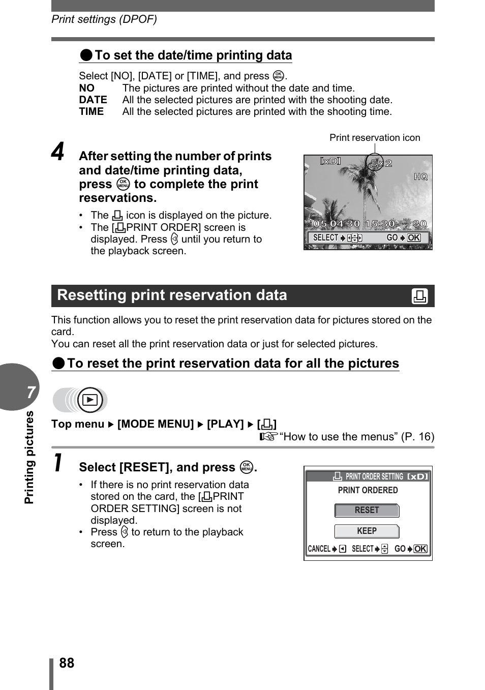 Resetting print reservation data | Olympus CAMEDIA C480 User Manual | Page 88 / 138