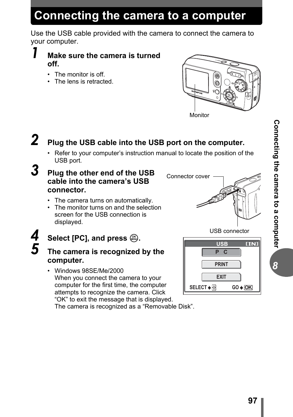 Connecting the camera to a computer, P. 97 | Olympus CAMEDIA C480 User Manual | Page 97 / 138