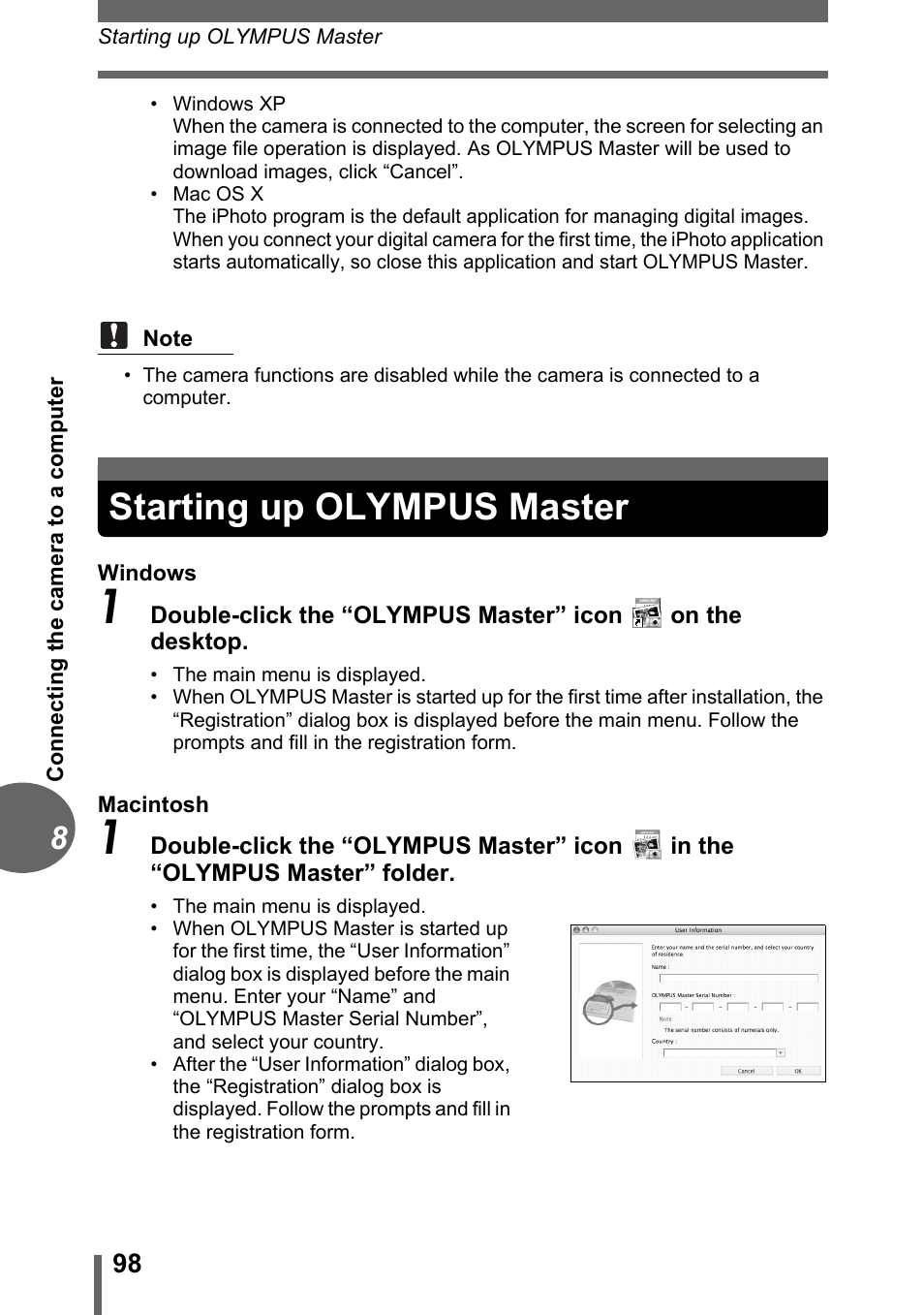 Starting up olympus master, P. 98 | Olympus CAMEDIA C480 User Manual | Page 98 / 138