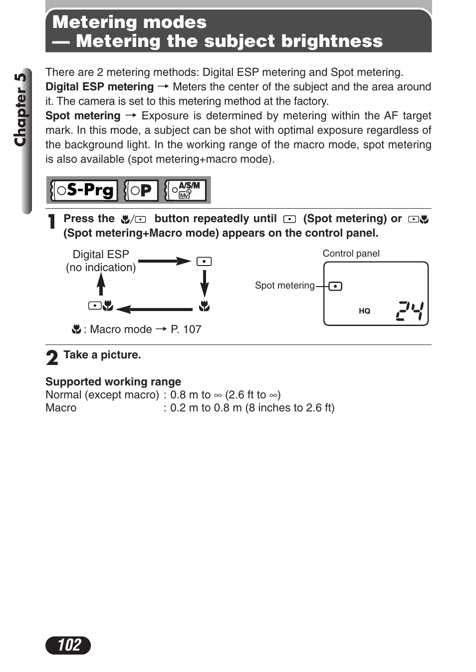 Metering modes — metering the subject brightness | Olympus C-3020 Zoom User Manual | Page 102 / 206