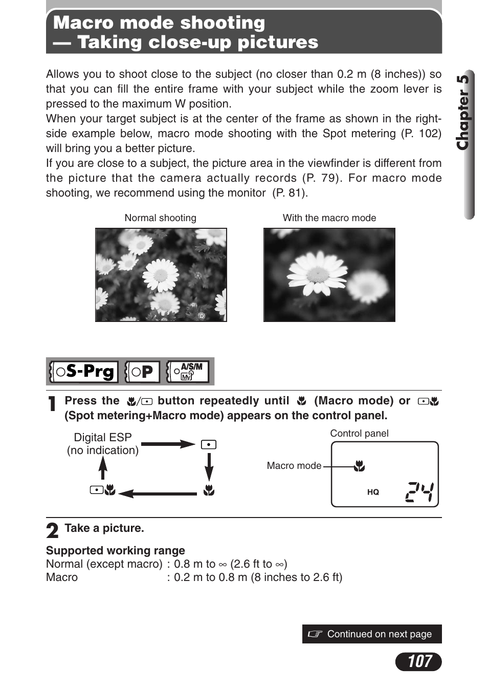 Macro mode shooting — taking close-up pictures, Chapter 5 | Olympus C-3020 Zoom User Manual | Page 107 / 206