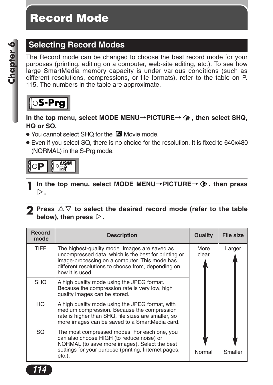 Record mode, Selecting record modes, Selecting record modes 114 | Chapter 6 | Olympus C-3020 Zoom User Manual | Page 114 / 206