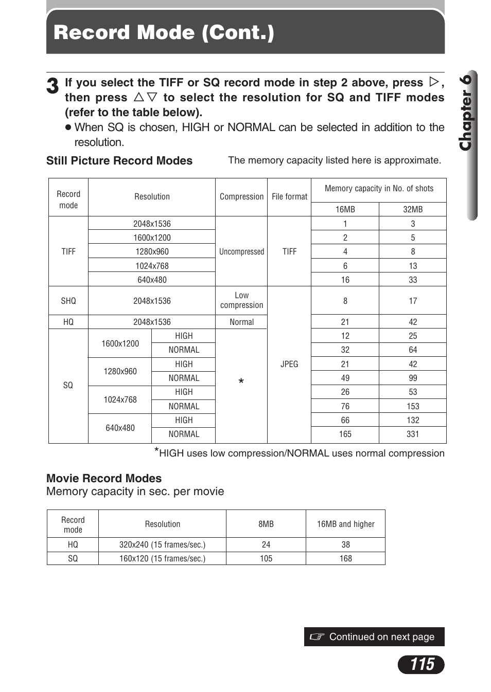 Record mode (cont.) 3, Chapter 6, Then press | Still picture record modes | Olympus C-3020 Zoom User Manual | Page 115 / 206