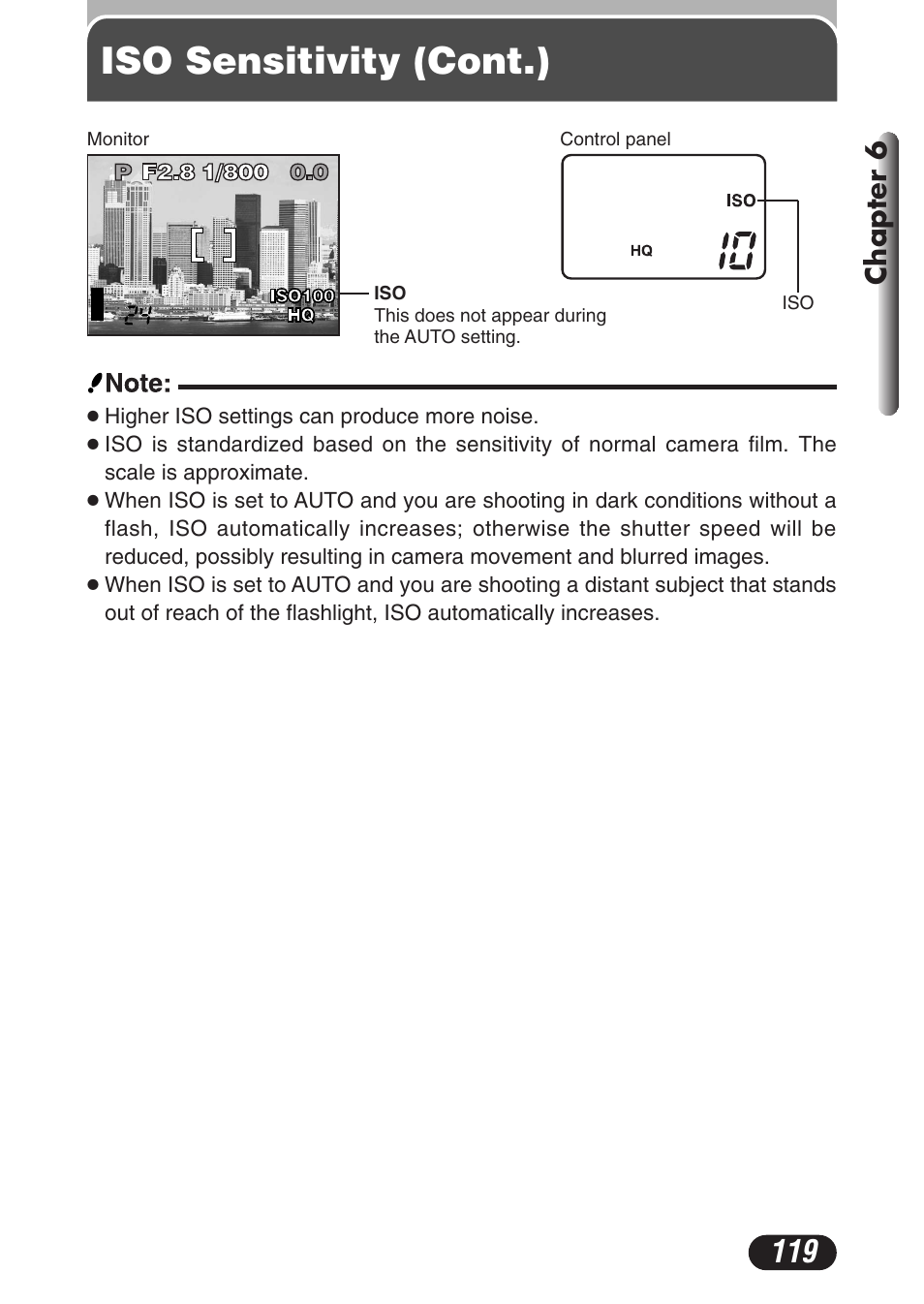 Iso sensitivity (cont.), Chapter 6 | Olympus C-3020 Zoom User Manual | Page 119 / 206