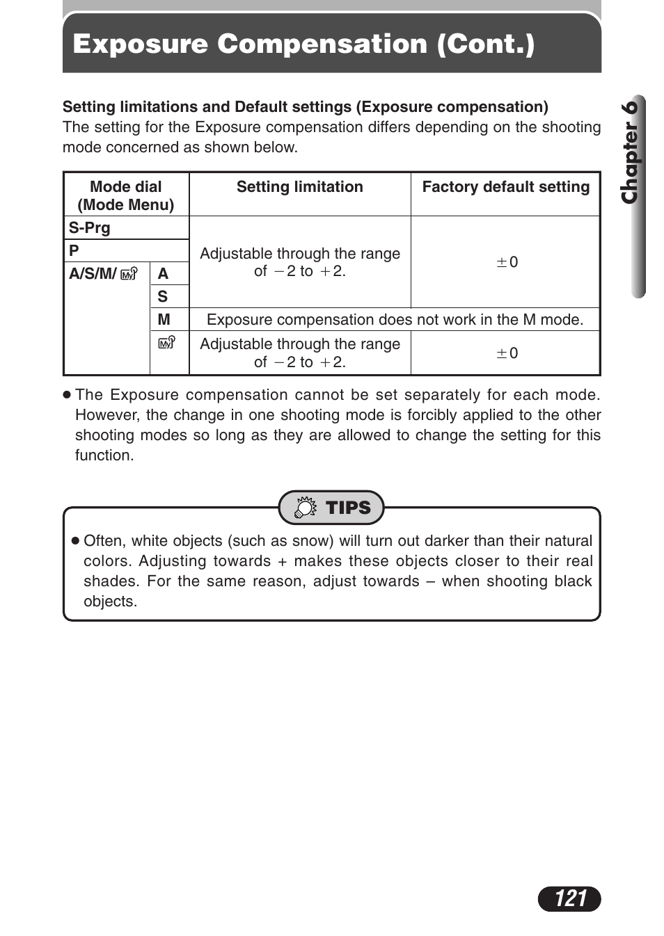 Exposure compensation (cont.), Chapter 6 | Olympus C-3020 Zoom User Manual | Page 121 / 206