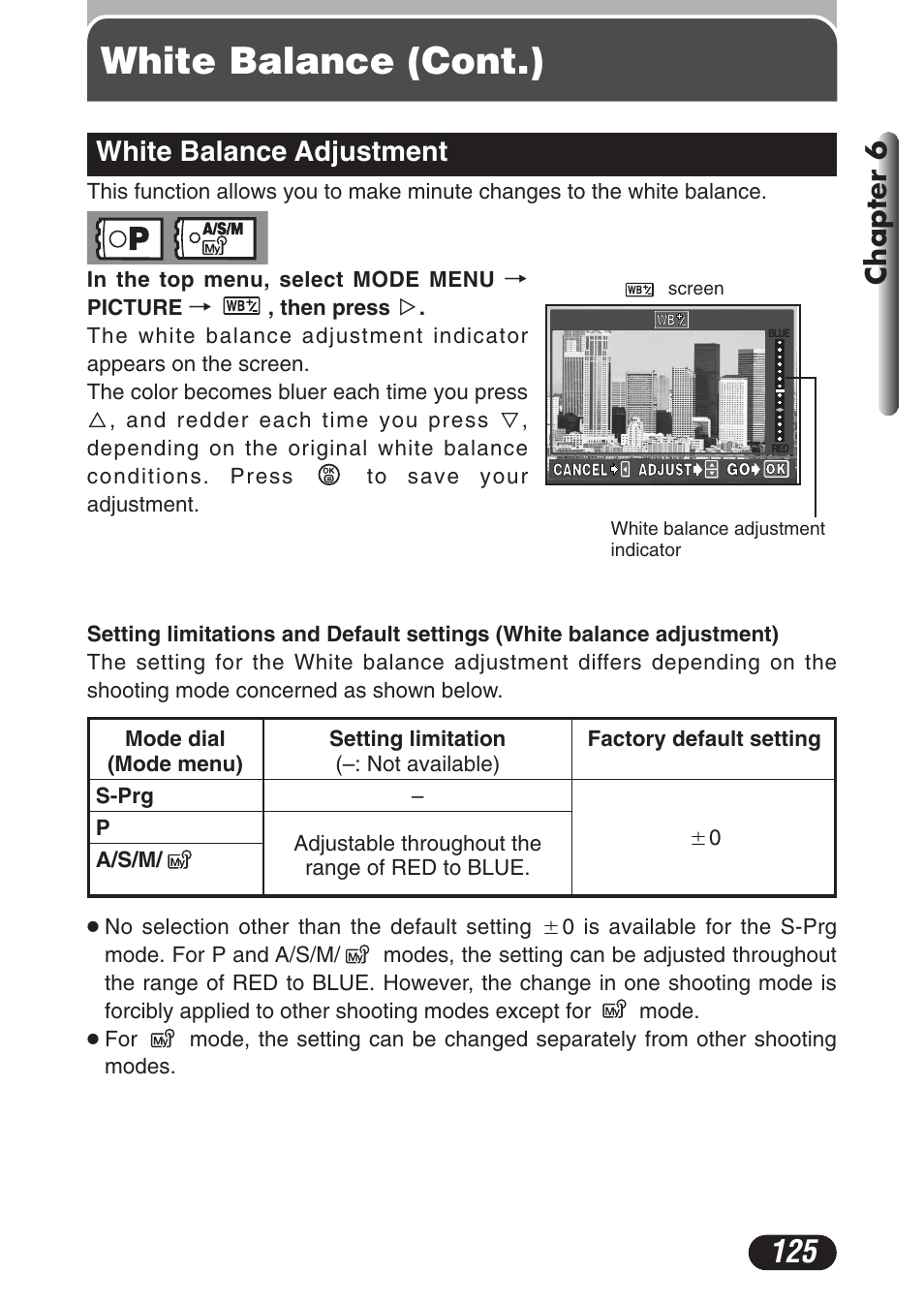 White balance adjustment, White balance adjustment 125, White balance (cont.) | Chapter 6 | Olympus C-3020 Zoom User Manual | Page 125 / 206