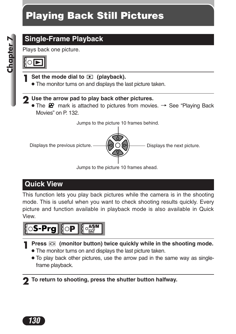 Playing back still pictures, Single-frame playback, Quick view | Single-frame playback 130 quick view 130, Playing back still pictures 1 | Olympus C-3020 Zoom User Manual | Page 130 / 206
