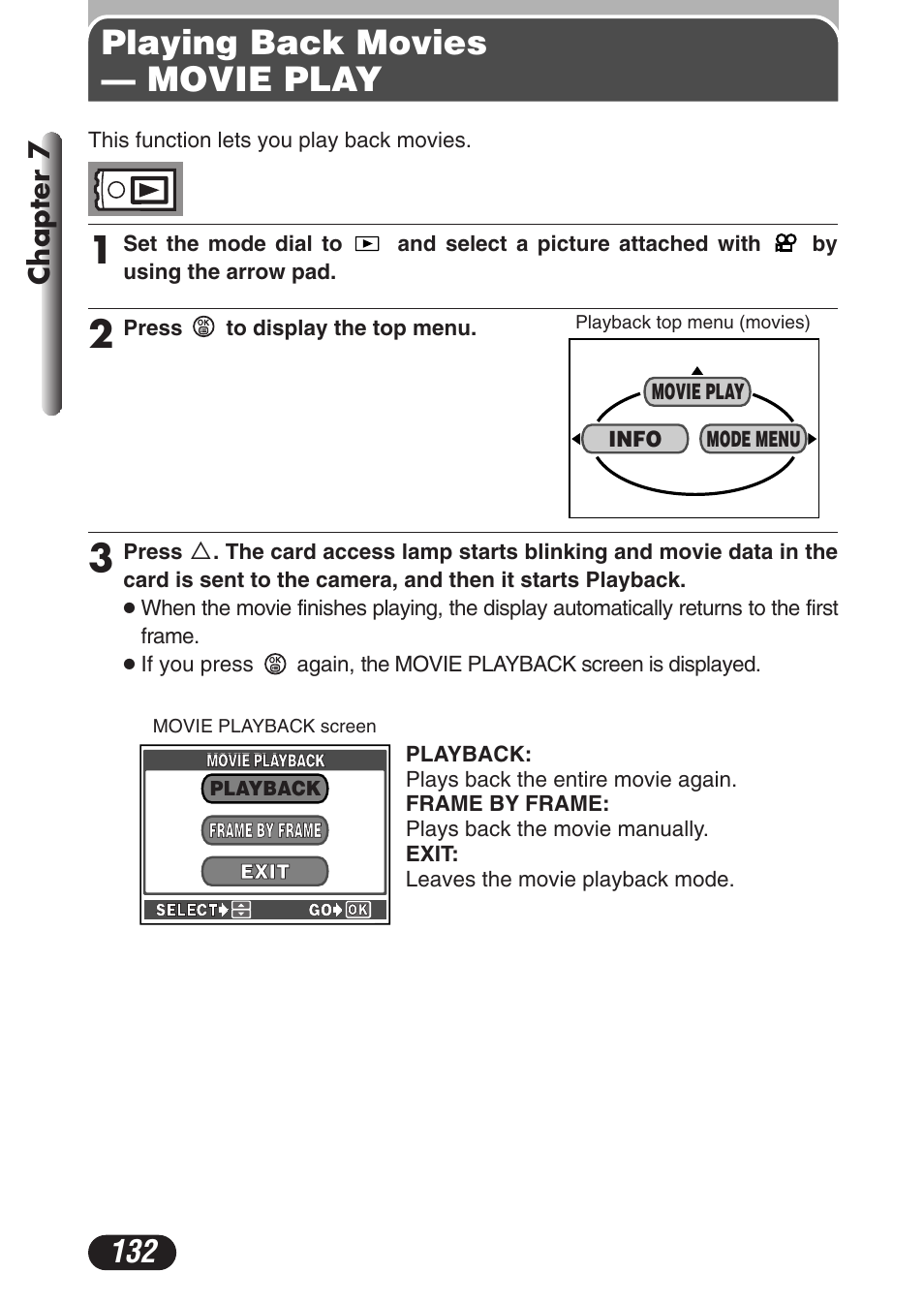 Playing back movies — movie play, Chapter 7 | Olympus C-3020 Zoom User Manual | Page 132 / 206