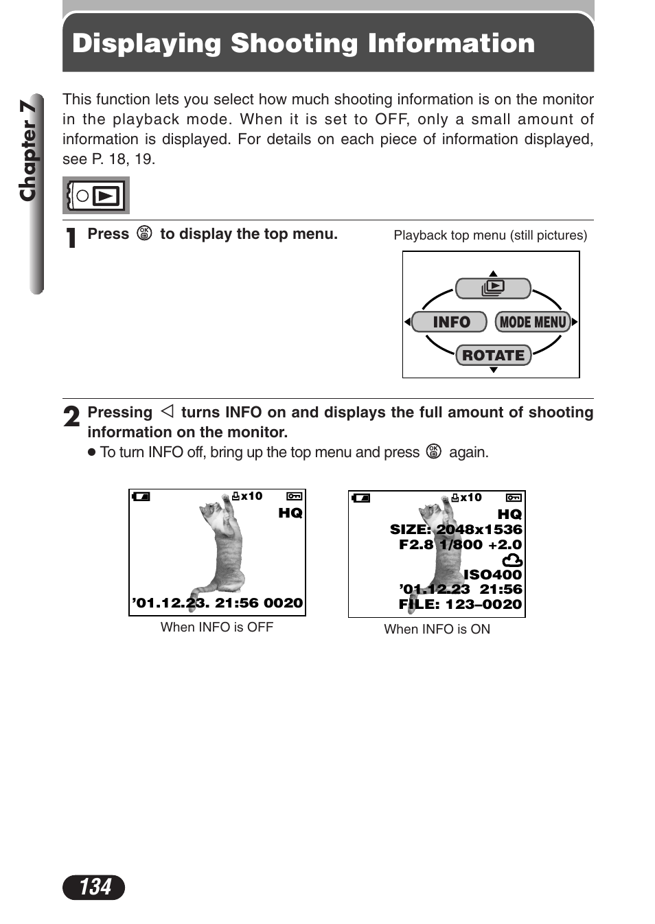 Displaying shooting information, Chapter 7 | Olympus C-3020 Zoom User Manual | Page 134 / 206