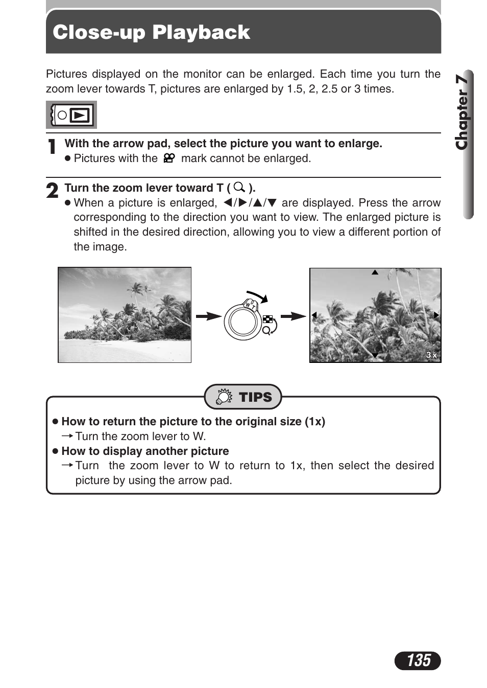 Close-up playback | Olympus C-3020 Zoom User Manual | Page 135 / 206