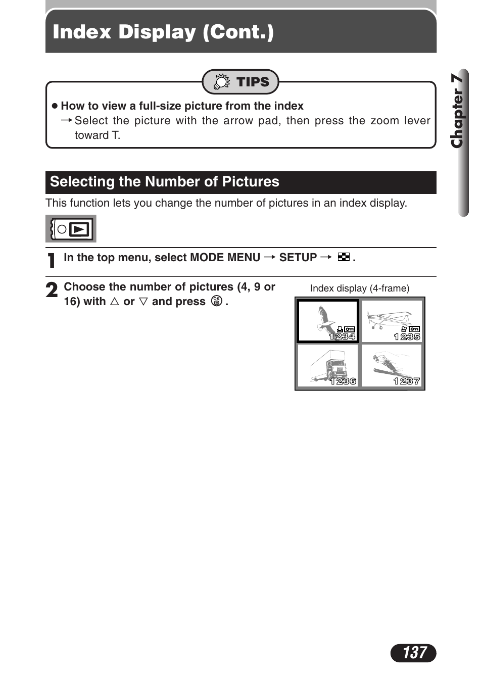 Selecting the number of pictures, Selecting the number of pictures 137, Index display (cont.) | Olympus C-3020 Zoom User Manual | Page 137 / 206
