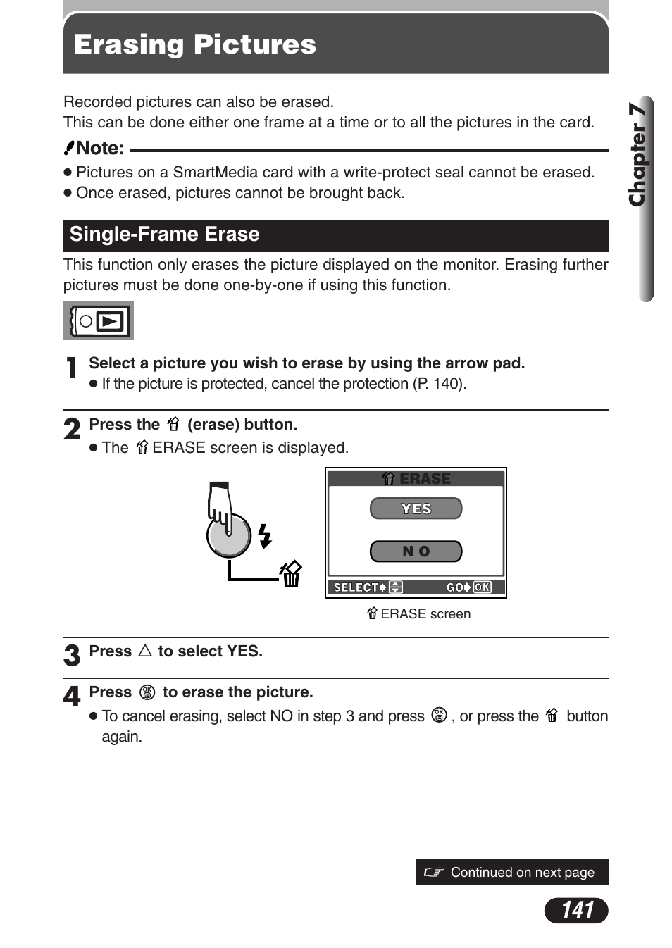 Erasing pictures, Single-frame erase, Single-frame erase 141 | Chapter 7 | Olympus C-3020 Zoom User Manual | Page 141 / 206