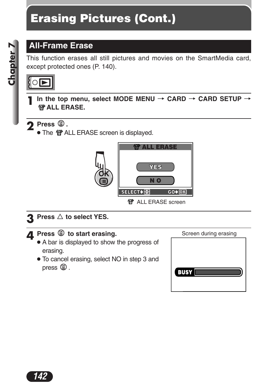 All-frame erase, All-frame erase 142, Erasing pictures (cont.) 1 | Olympus C-3020 Zoom User Manual | Page 142 / 206