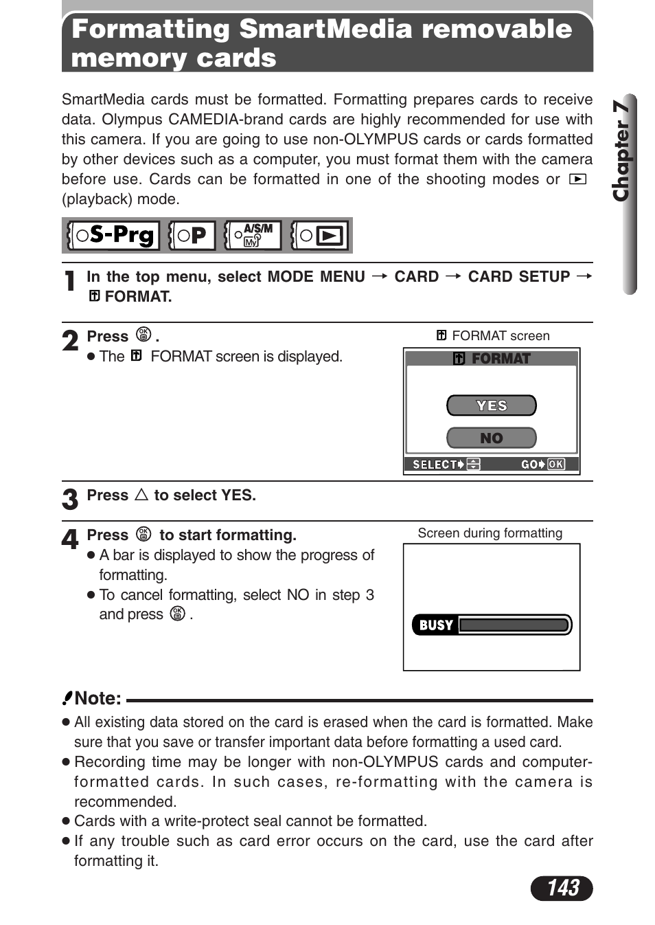 Formatting smartmedia removable memory cards, Chapter 7 | Olympus C-3020 Zoom User Manual | Page 143 / 206