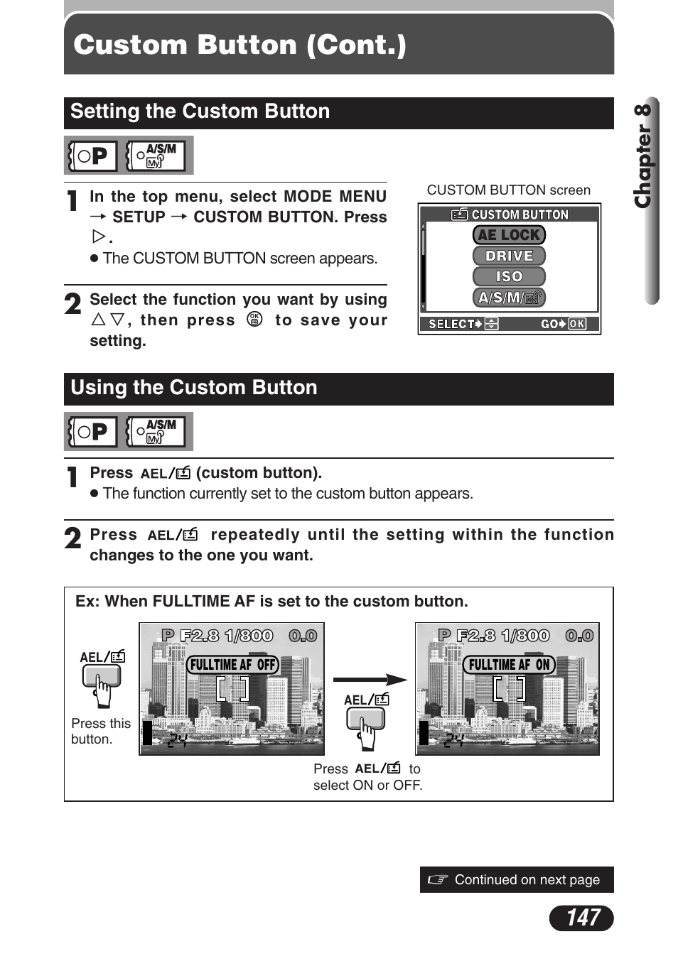 Setting the custom button, Using the custom button, Custom button (cont.) | Chapter 8 | Olympus C-3020 Zoom User Manual | Page 147 / 206