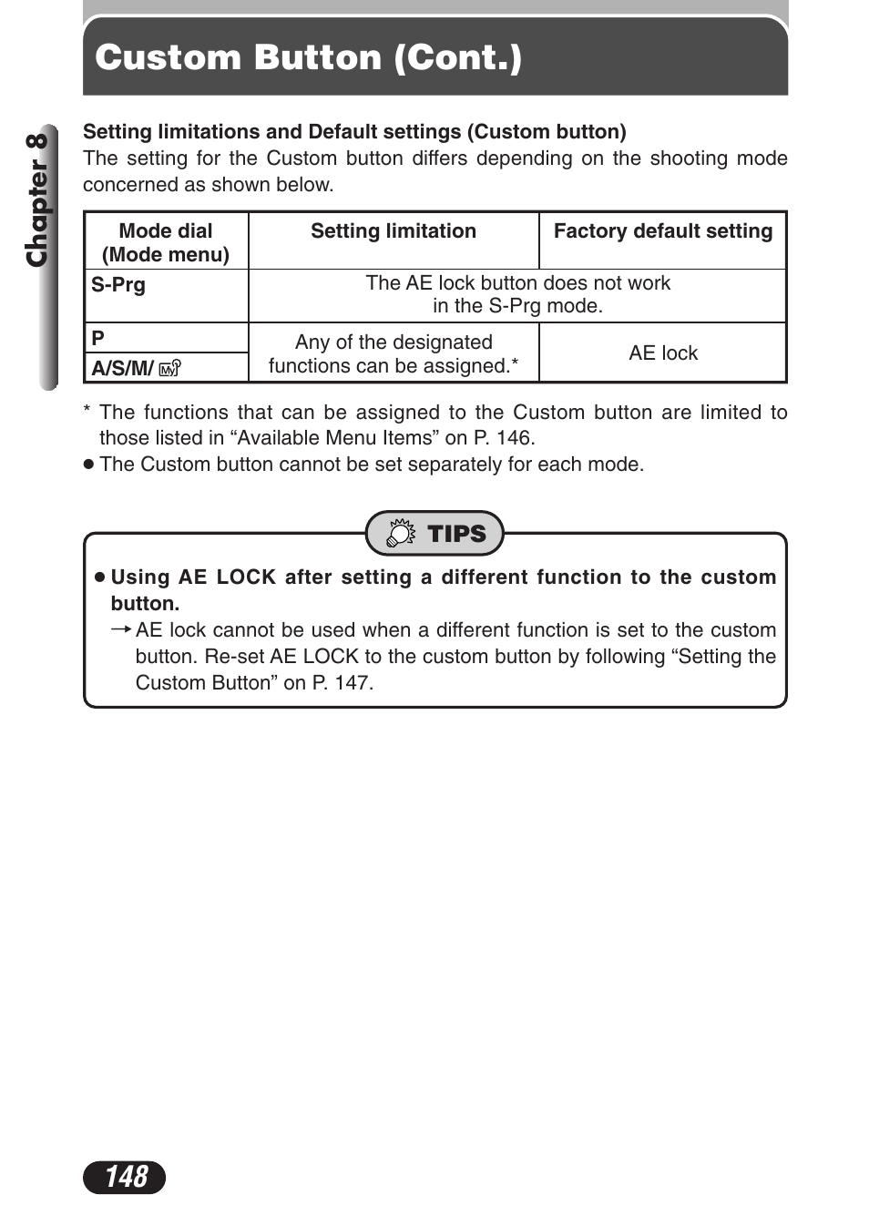 Custom button (cont.), Chapter 8 | Olympus C-3020 Zoom User Manual | Page 148 / 206