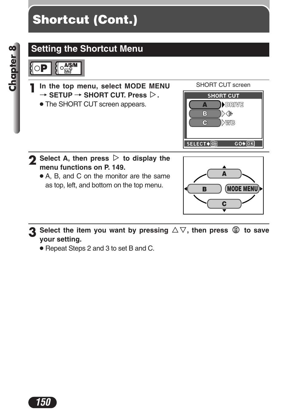 Setting the shortcut menu, Setting the shortcut menu 150, Shortcut (cont.) | Chapter 8 | Olympus C-3020 Zoom User Manual | Page 150 / 206