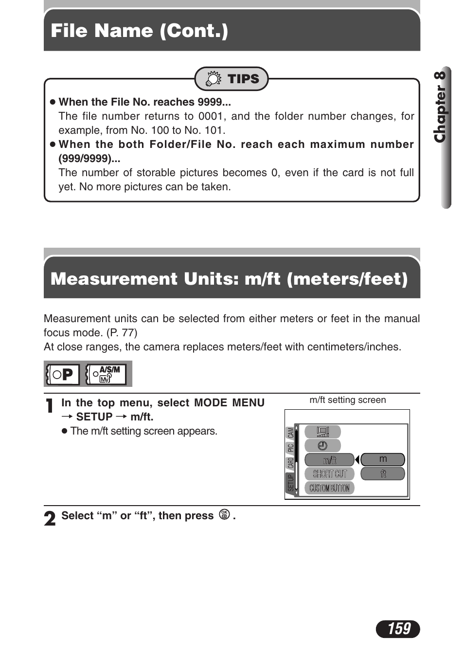 Measurement units: m/ft (meters/feet), File name (cont.), Chapter 8 | Olympus C-3020 Zoom User Manual | Page 159 / 206