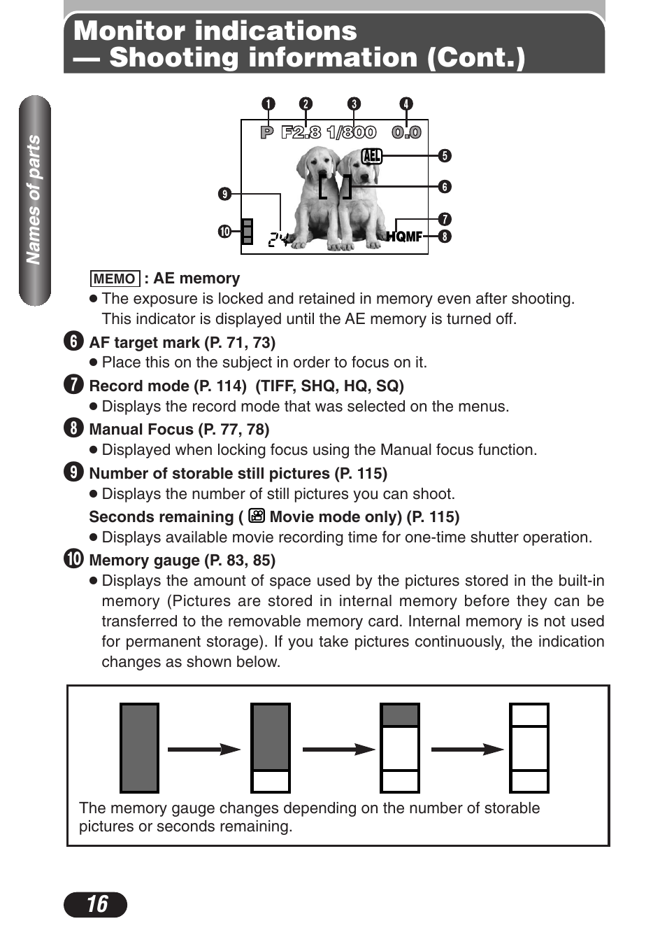 Monitor indications — shooting information (cont.) | Olympus C-3020 Zoom User Manual | Page 16 / 206