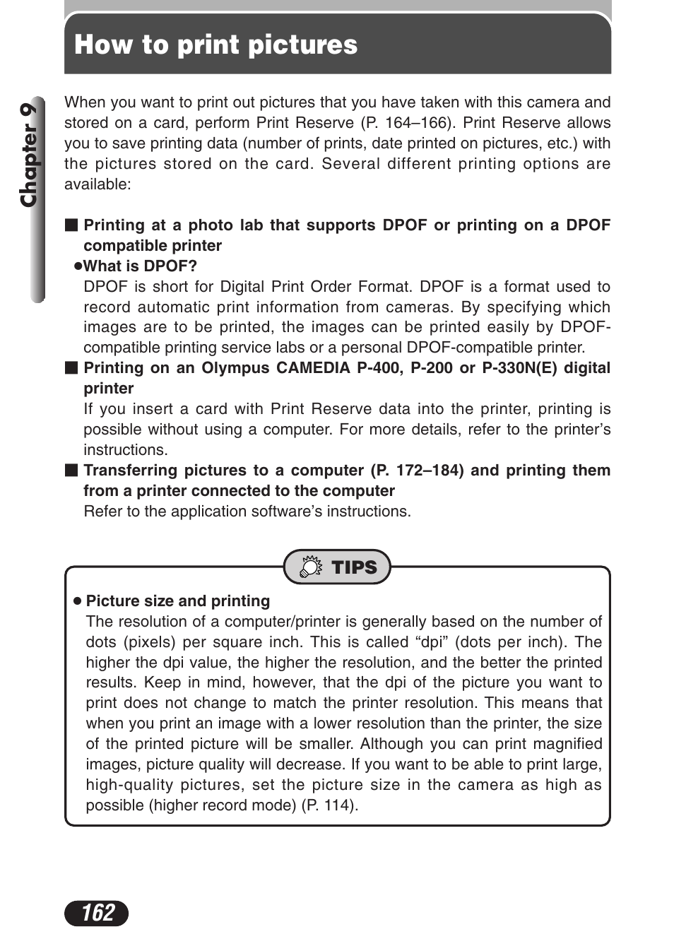 How to print pictures, Chapter 9 | Olympus C-3020 Zoom User Manual | Page 162 / 206