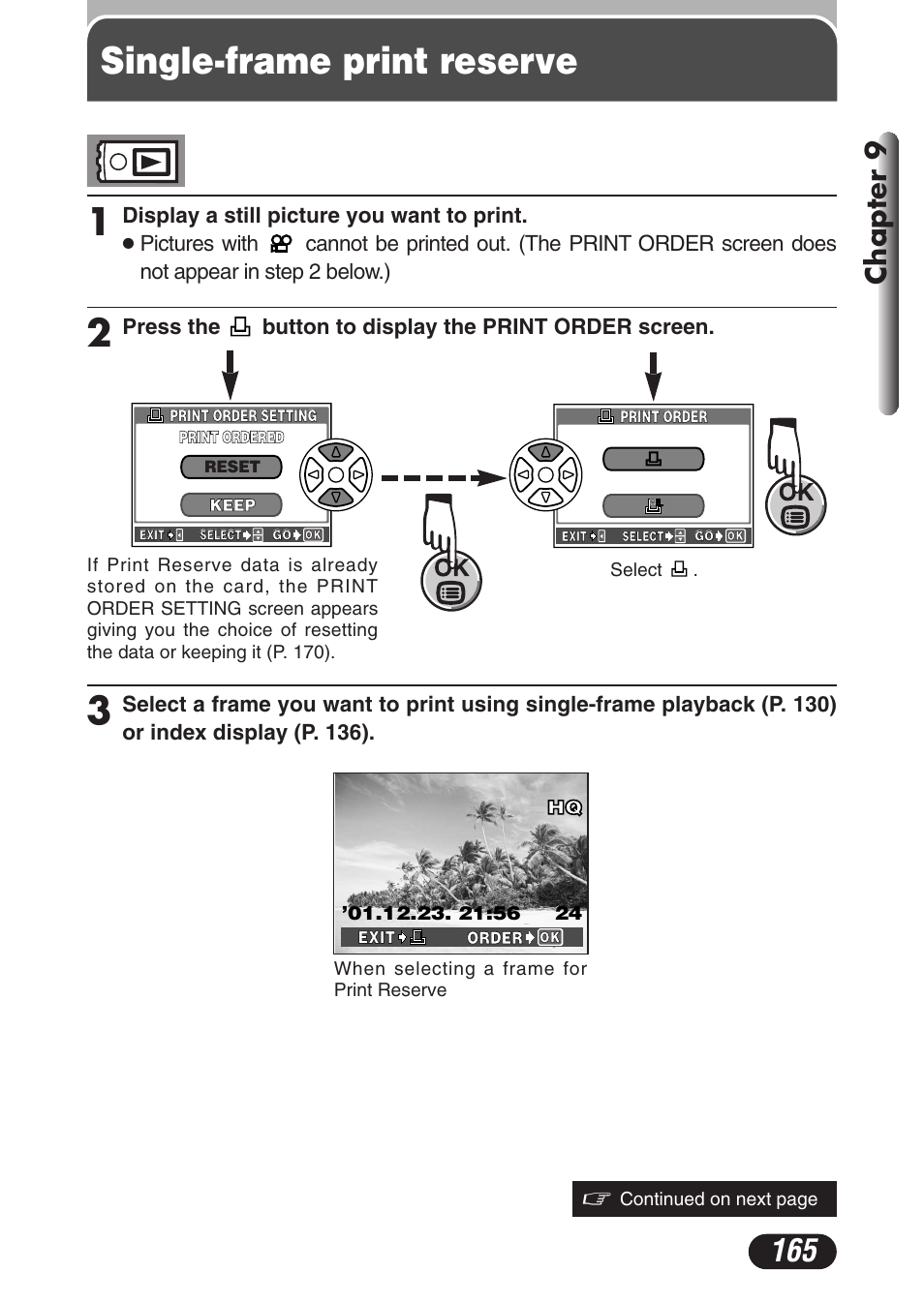 Single-frame print reserve, Single-frame print reserve 1, Chapter 9 | Olympus C-3020 Zoom User Manual | Page 165 / 206