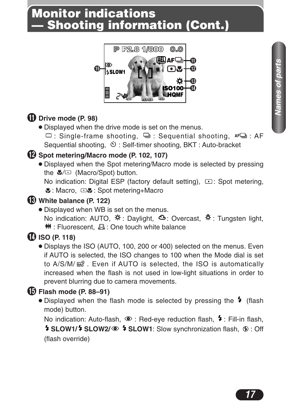 Monitor indications — shooting information (cont.) | Olympus C-3020 Zoom User Manual | Page 17 / 206