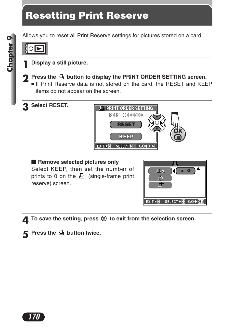 Resetting print reserve, Chapter 9 | Olympus C-3020 Zoom User Manual | Page 170 / 206