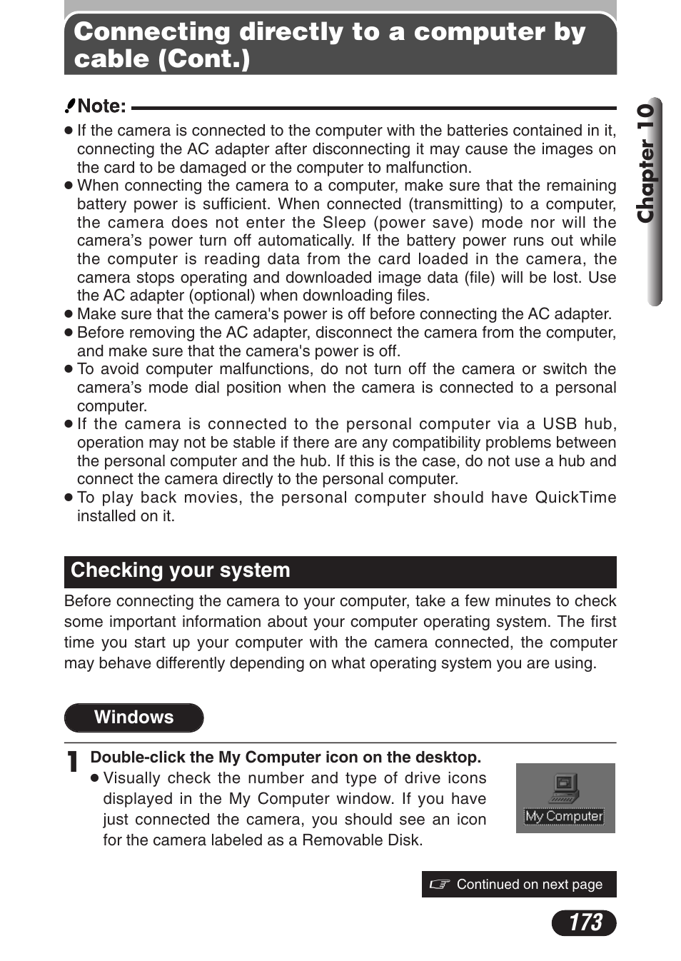 Checking your system, Checking your system 173, Connecting directly to a computer by cable (cont.) | Chapter 10 | Olympus C-3020 Zoom User Manual | Page 173 / 206