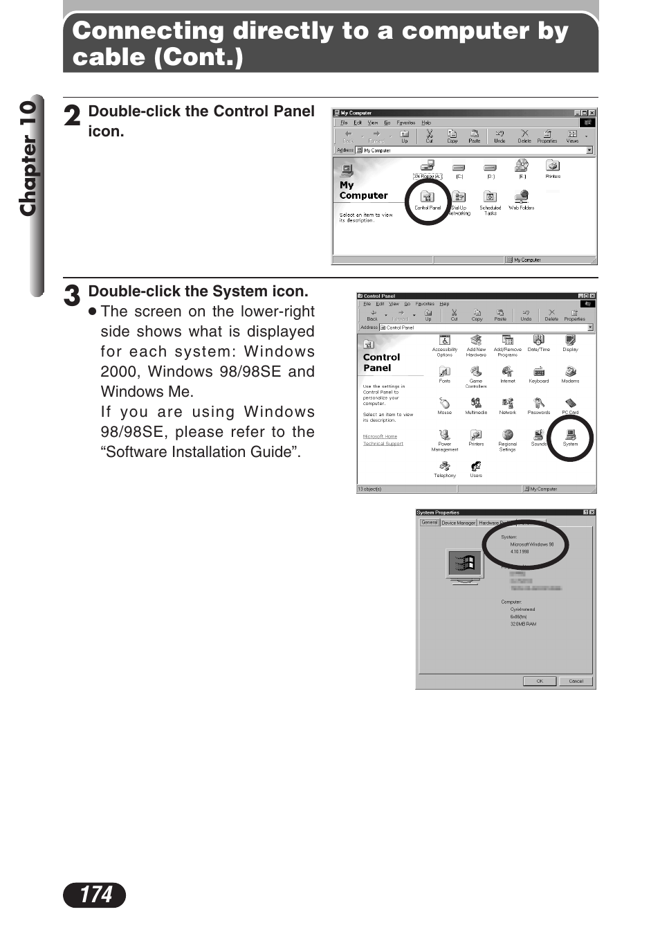 Connecting directly to a computer by cable (cont.) | Olympus C-3020 Zoom User Manual | Page 174 / 206