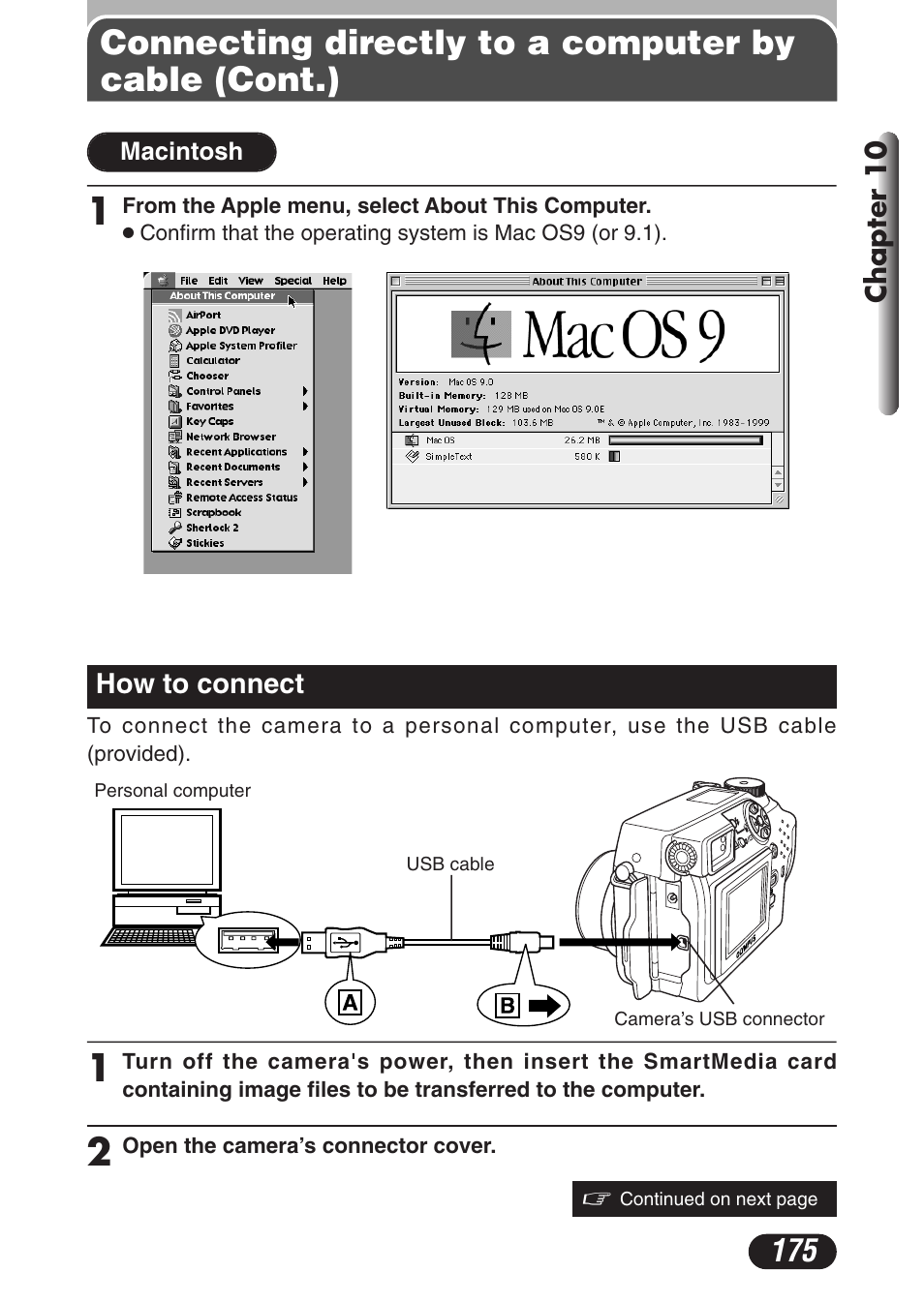 How to connect, How to connect 175, Connecting directly to a computer by cable (cont.) | Olympus C-3020 Zoom User Manual | Page 175 / 206