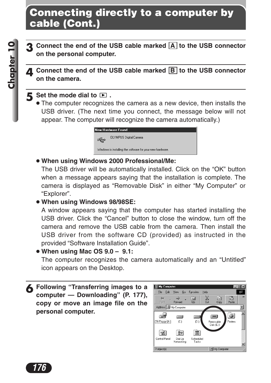 Connecting directly to a computer by cable (cont.) | Olympus C-3020 Zoom User Manual | Page 176 / 206
