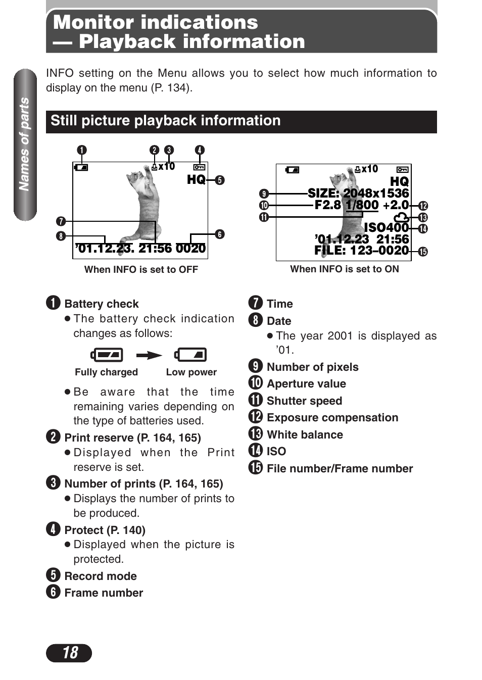 Monitor indications — playback information, Still picture playback information, Monitor indications — playback information 18 | Still picture playback information 18 | Olympus C-3020 Zoom User Manual | Page 18 / 206