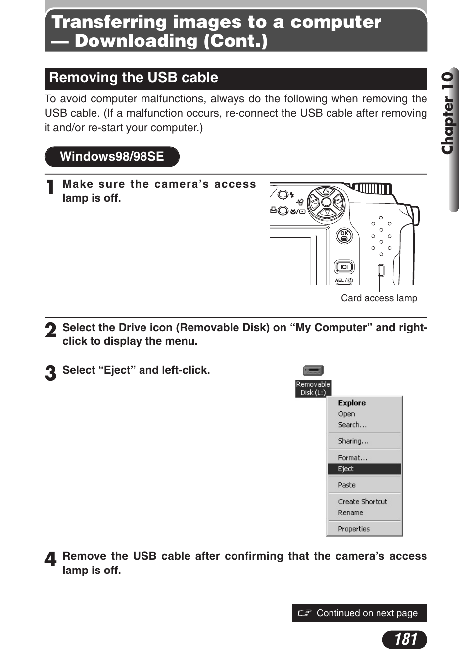 Removing the usb cable, Removing the usb cable 181 | Olympus C-3020 Zoom User Manual | Page 181 / 206
