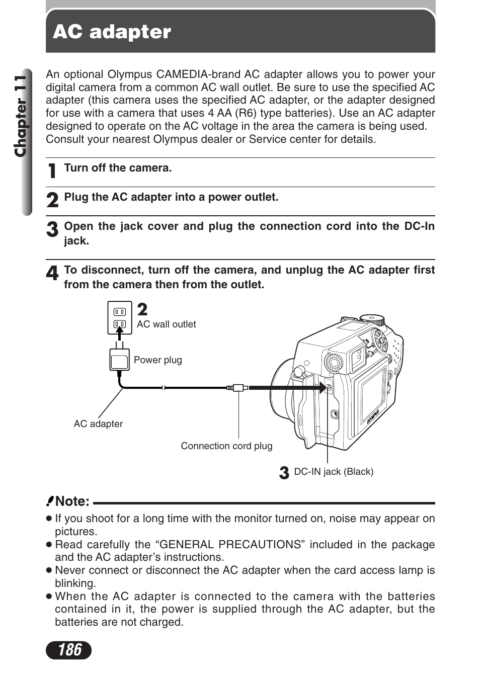 Ac adapter | Olympus C-3020 Zoom User Manual | Page 186 / 206