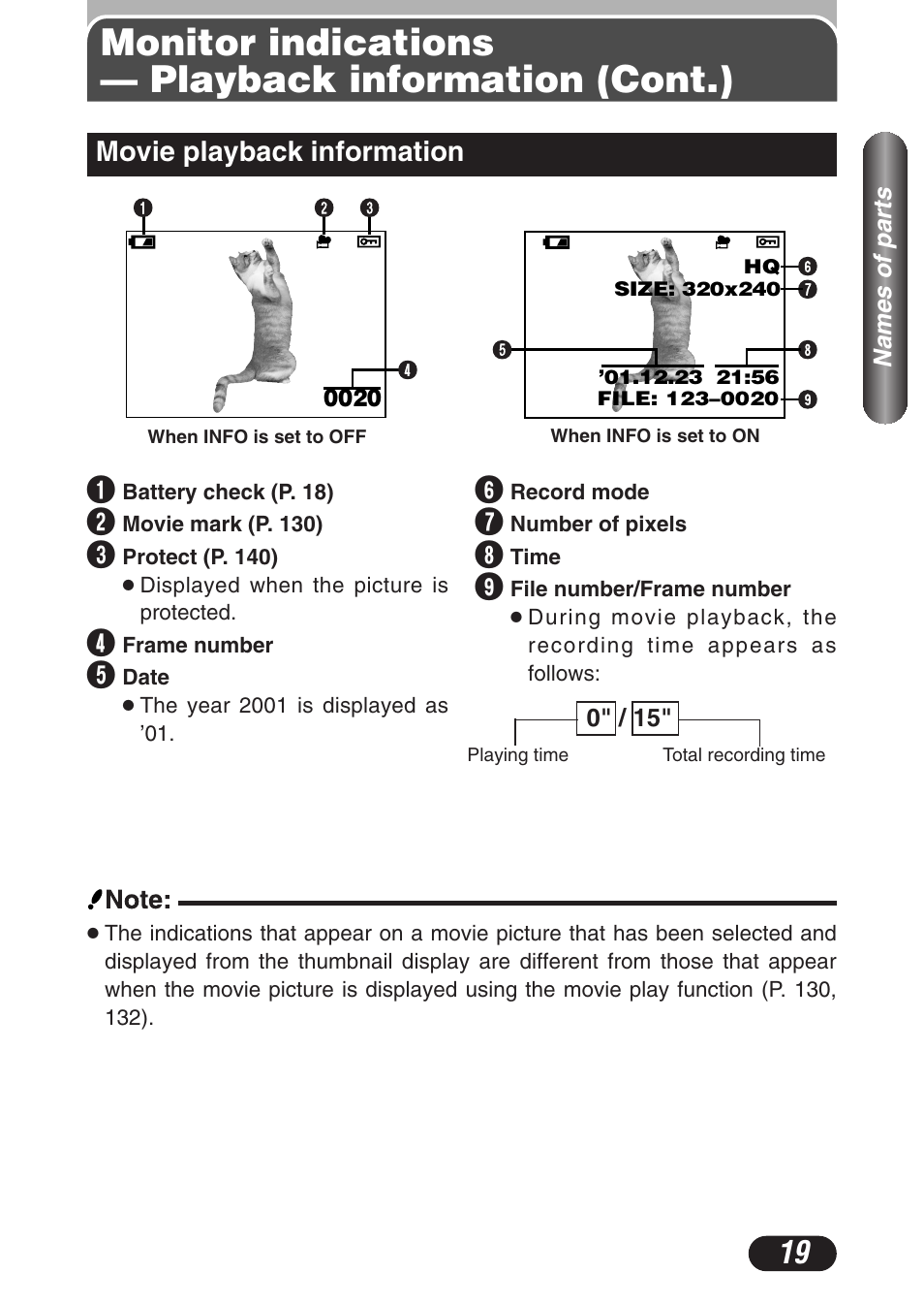 Movie playback information, Movie playback information 19, Monitor indications — playback information (cont.) | Olympus C-3020 Zoom User Manual | Page 19 / 206