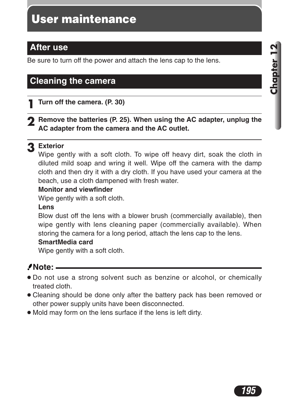 User maintenance, After use, Cleaning the camera | After use 195 cleaning the camera 195 | Olympus C-3020 Zoom User Manual | Page 195 / 206
