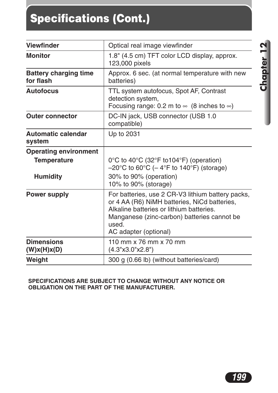 Specifications (cont.), Chapter 12 | Olympus C-3020 Zoom User Manual | Page 199 / 206