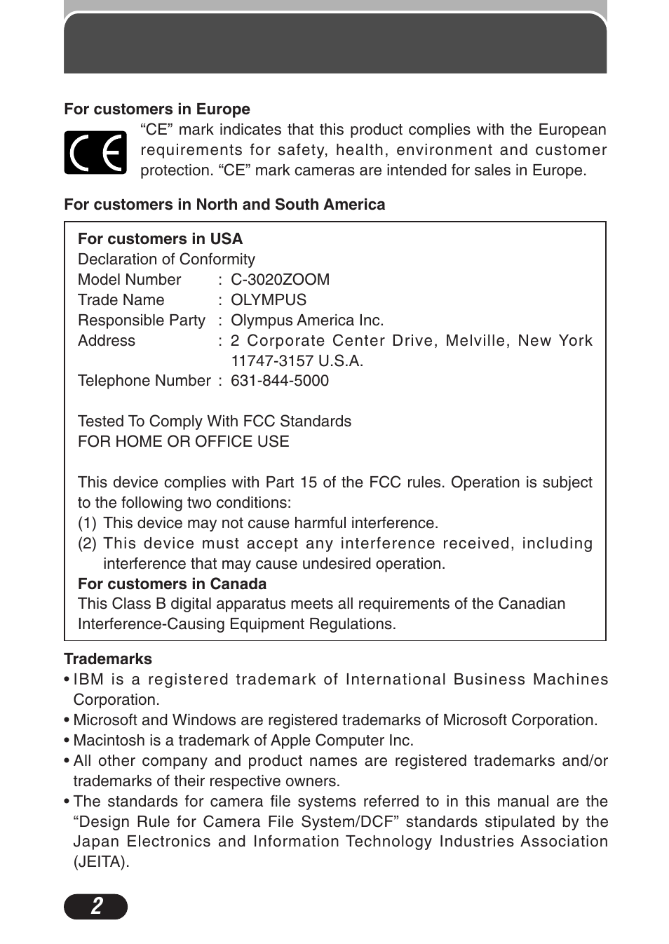 Trademarks | Olympus C-3020 Zoom User Manual | Page 2 / 206