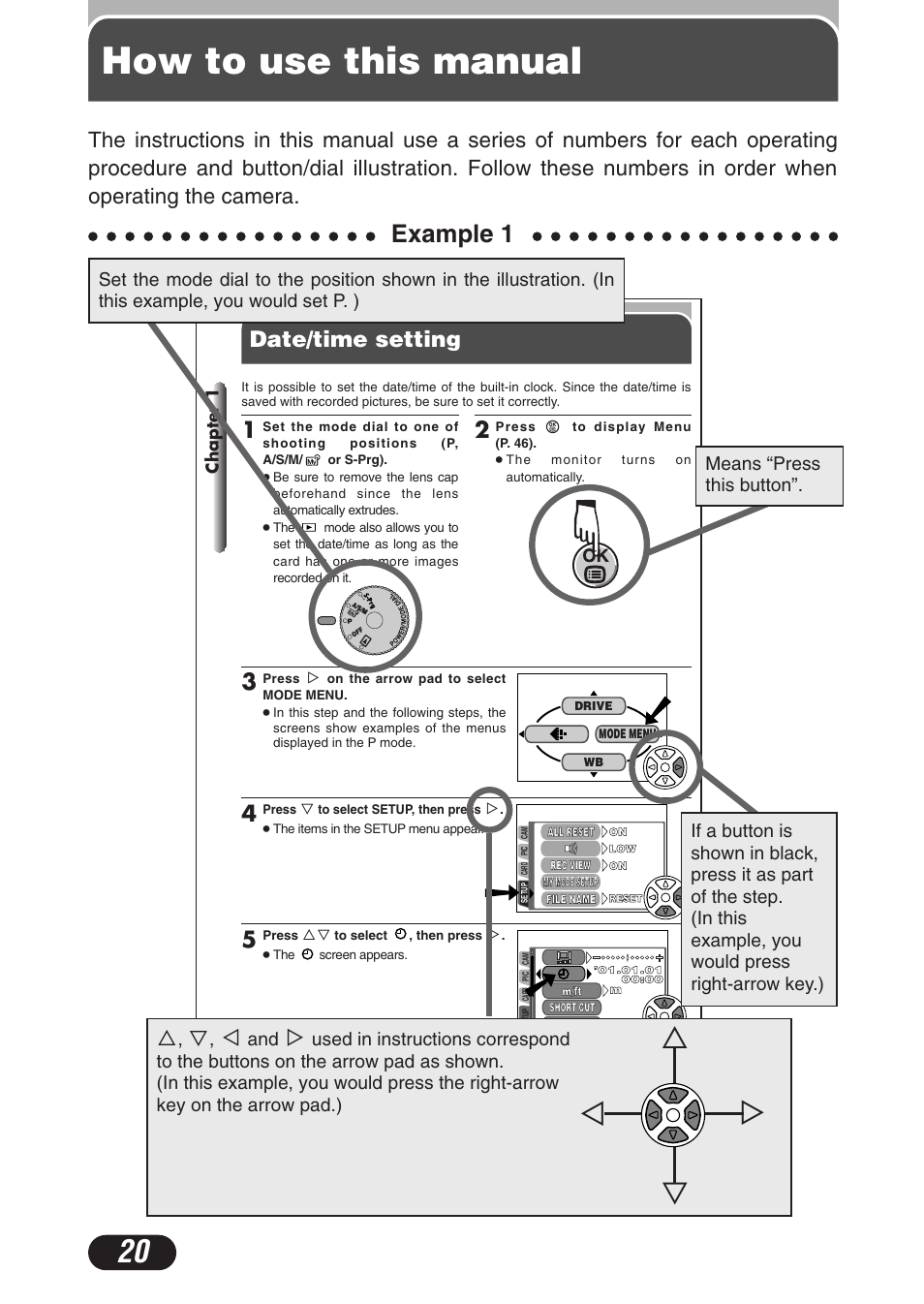 How to use this manual, Сс й н, Example 1 | Date/time setting | Olympus C-3020 Zoom User Manual | Page 20 / 206