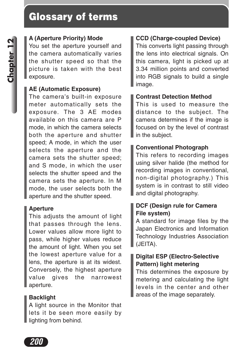 Glossary of terms, Chapter 12 | Olympus C-3020 Zoom User Manual | Page 200 / 206