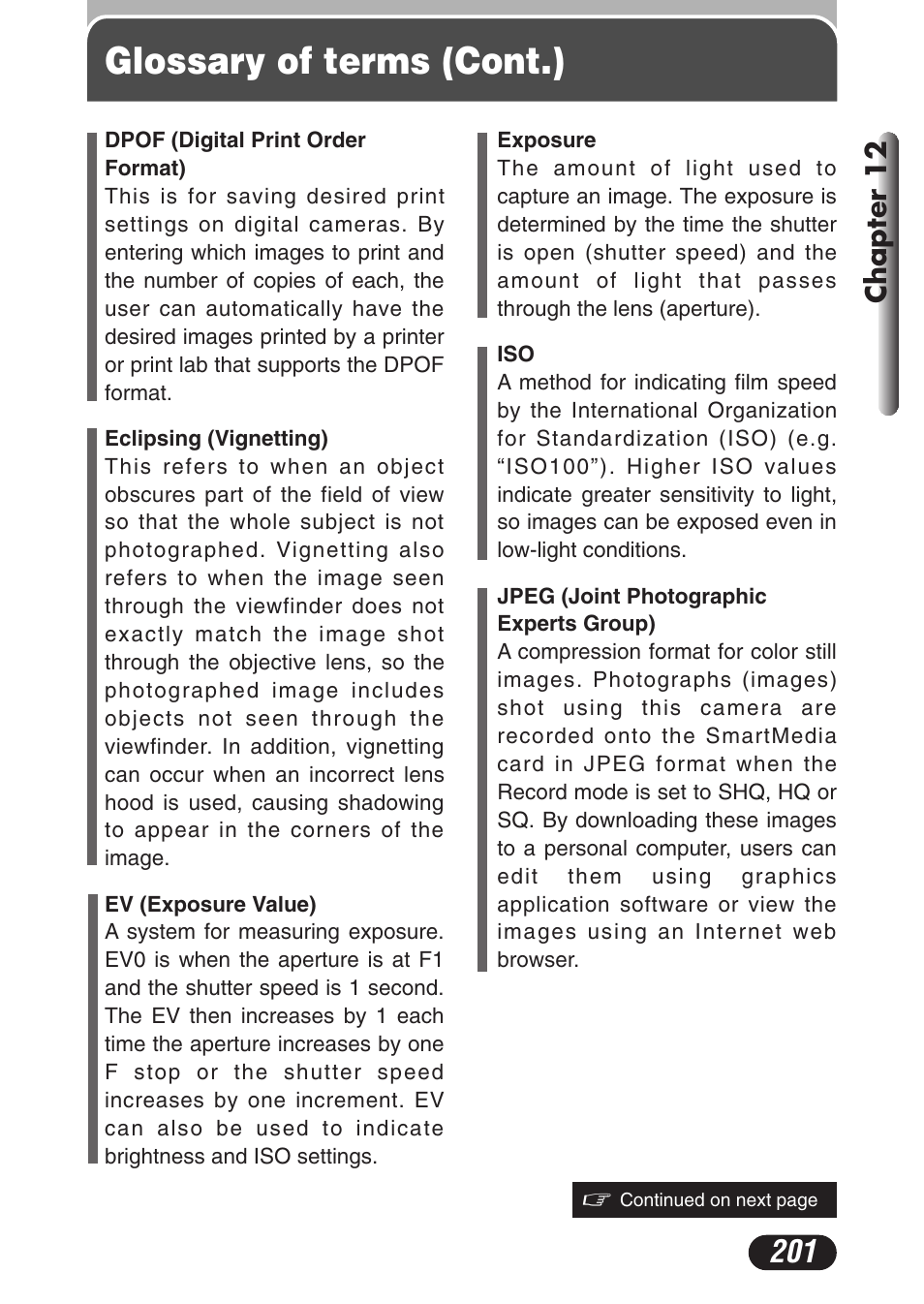 Glossary of terms (cont.), Chapter 12 | Olympus C-3020 Zoom User Manual | Page 201 / 206